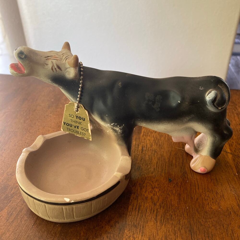 Vintage Chalk-ware Black Cow Ashtray.